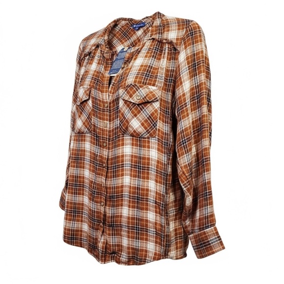 Democracy Tops - Democracy Size 1X- NWT Brown Plaid Button-Up Shirt